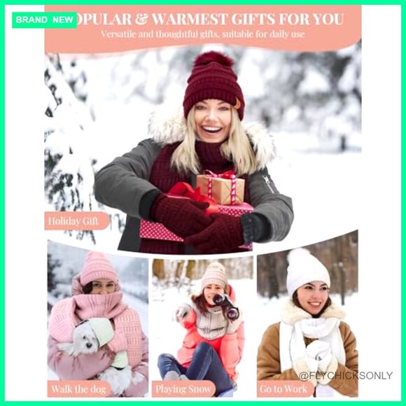 Fleece Lined Winter Beanie Scarf Gloves Set Pom Pom Touchscreen main image 6